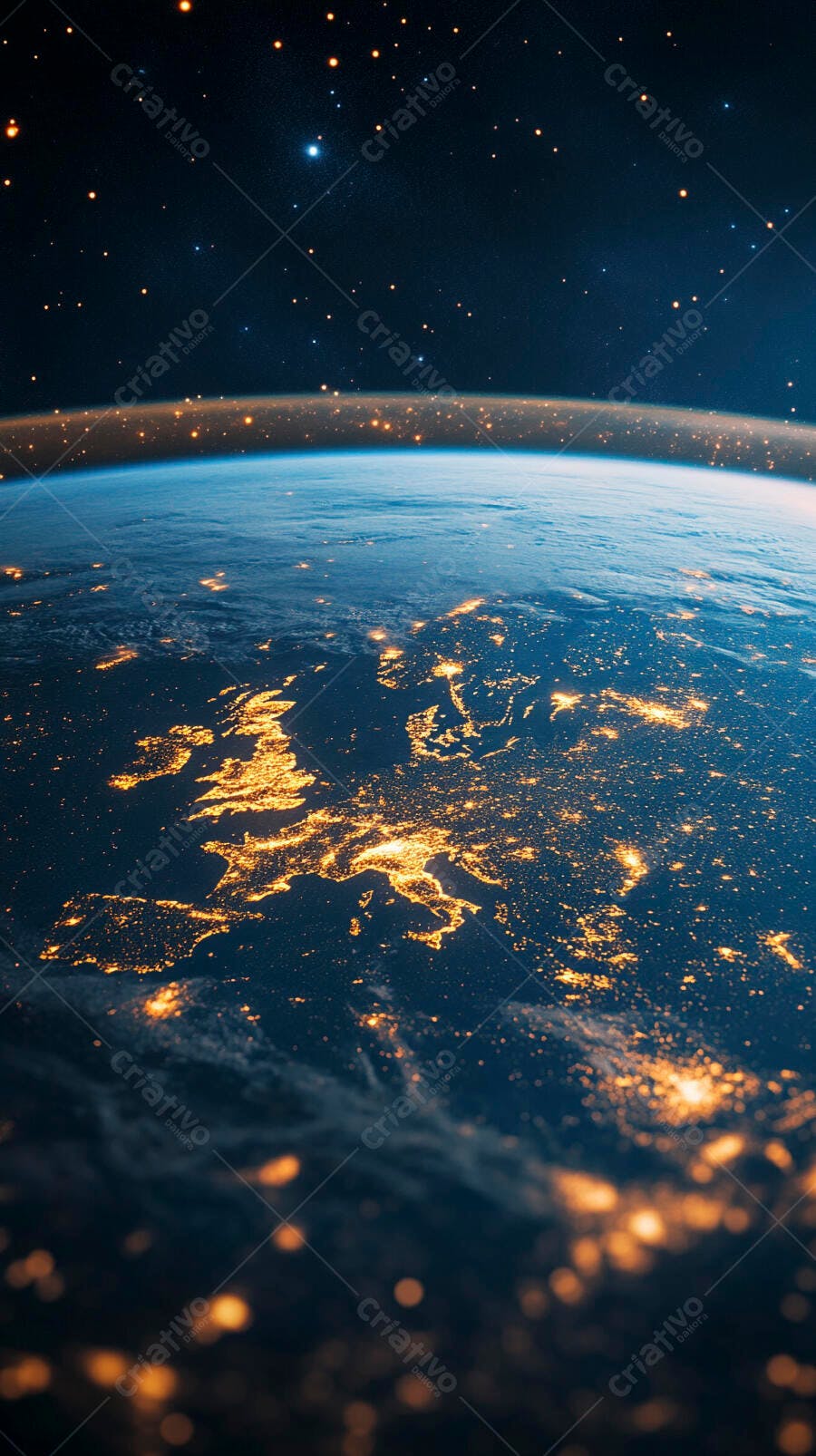 Terra vista do espaço à noite com luzes urbanas brilhantes da Europa