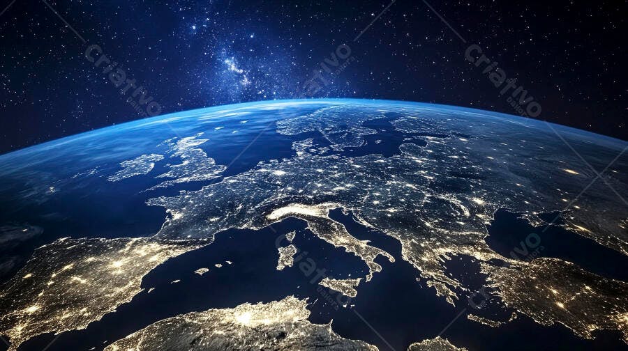 Planeta Terra à noite luzes das cidades da Europa e estrelas cintilantes