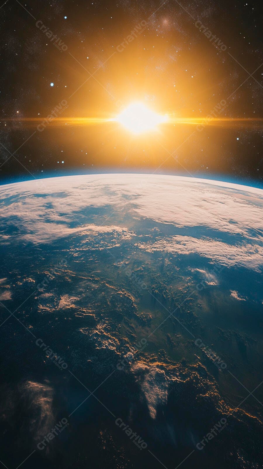 Planeta Terra vista do espaço sideral com sol laranja e nuvens brancas