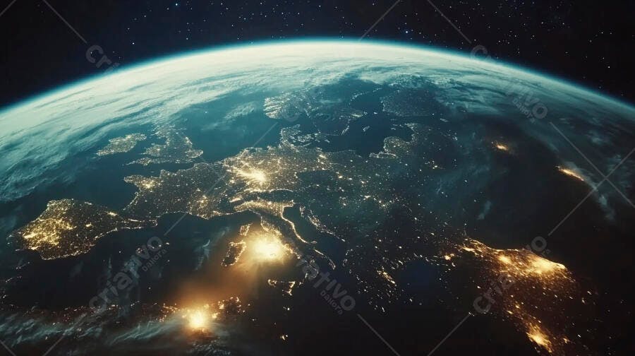 Planeta Terra Europa vista do espaço noturno com luzes cidades