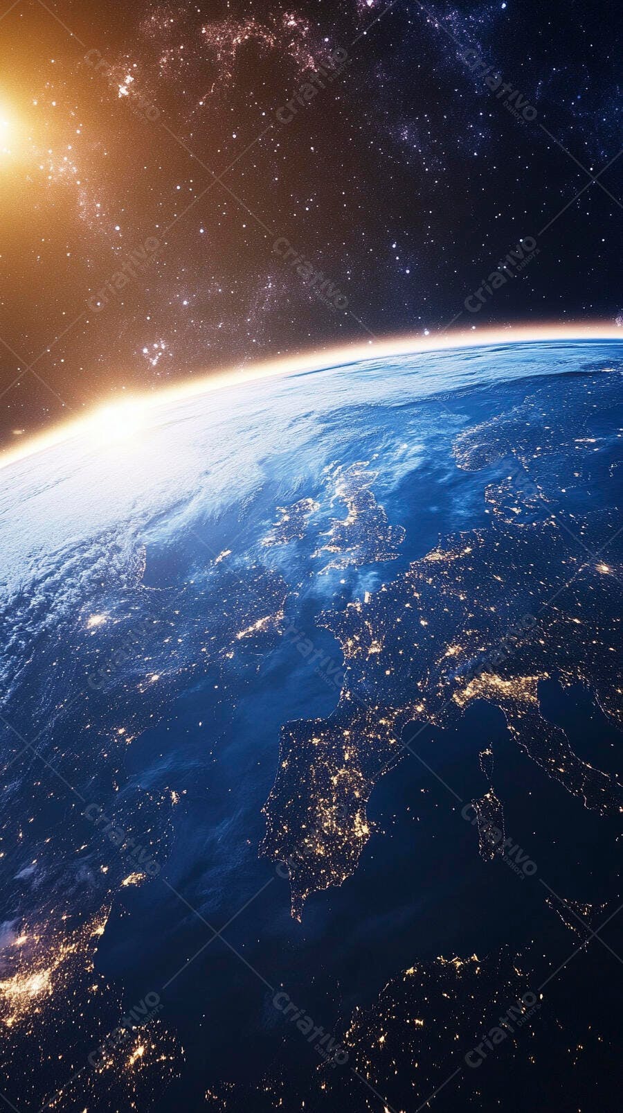 Planeta Terra visto do espaço com cidades iluminadas à noite e brilho solar