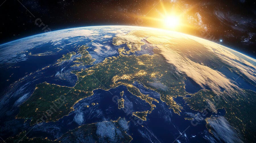 Terra vista do espaço com cidades iluminadas ao nascer do sol sobre Europa