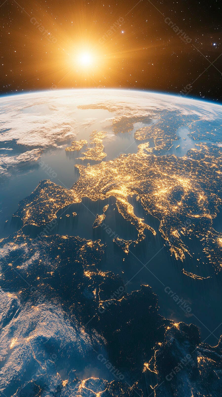 Europa vista do espaço luzes noturnas e sol radiante sobre a Terra