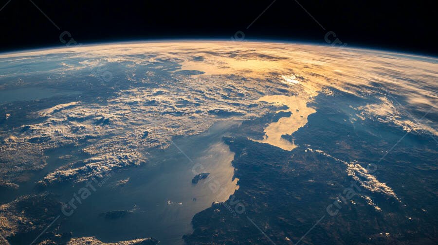 Terra vista do espaço ao amanhecer com oceanos azuis e nuvens brancas