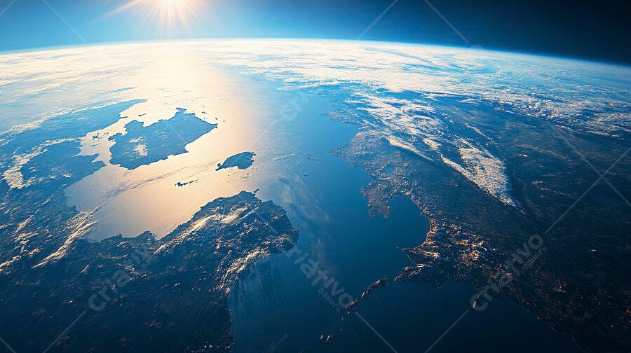Planeta Terra do espaço ao amanhecer com luz dourada e cidades na noite