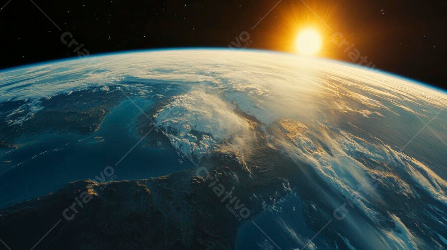 Planeta Terra visto do espaço com nascer do sol dourado e nuvens brancas