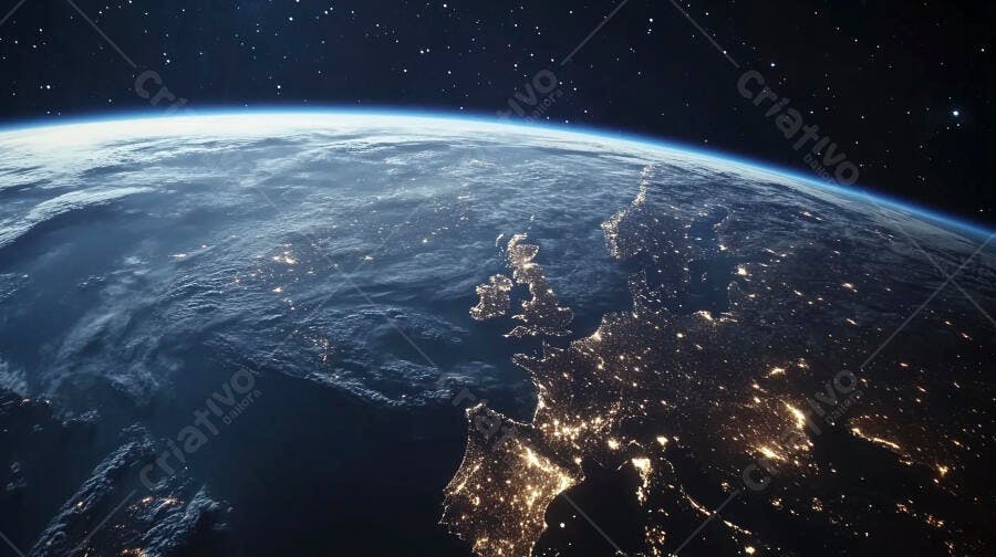 Planeta Terra visto do espaço à noite com luzes urbanas na Europa