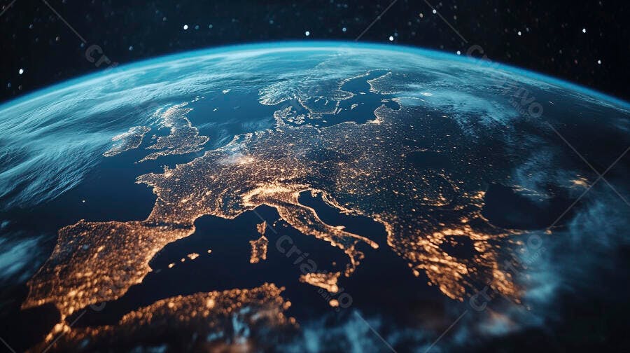 Planeta Terra visto do espaço noturno com luzes brilhantes da Europa