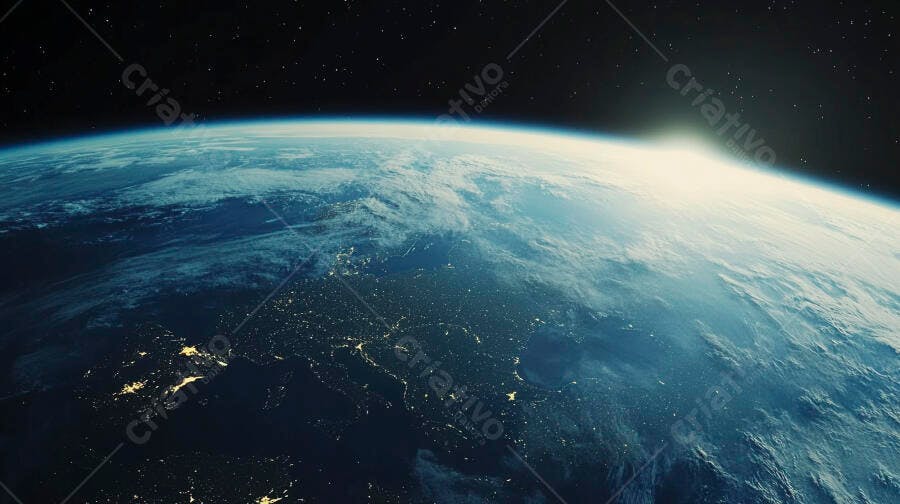 Planeta Terra visto do espaço ao amanhecer com cidades iluminadas