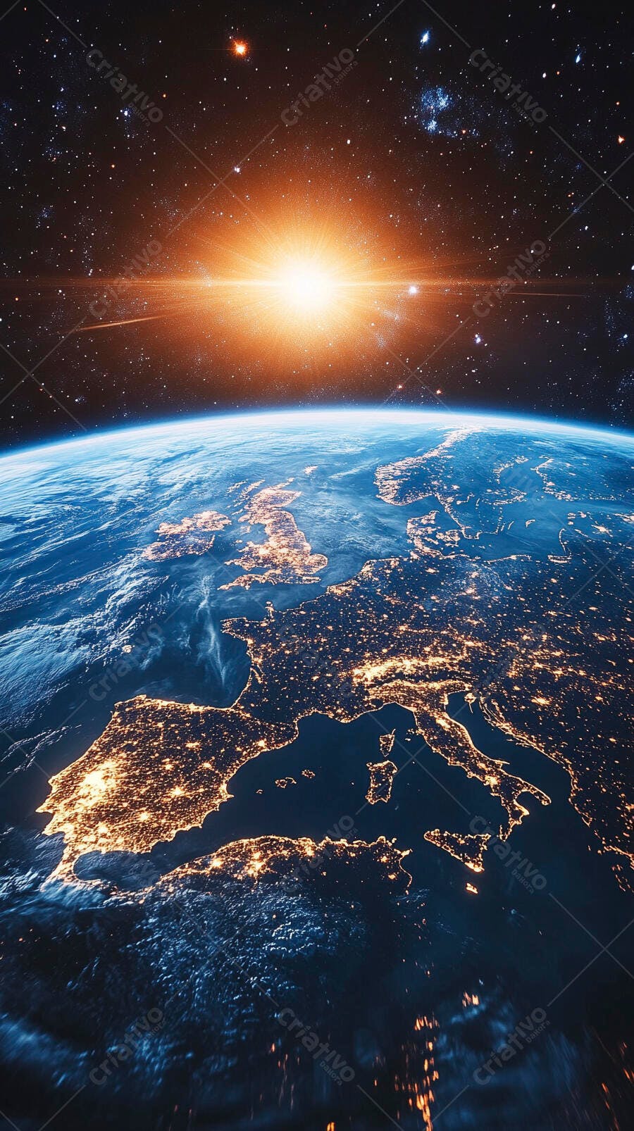 Planeta Terra vista do espaço com luzes urbanas da Europa à noite