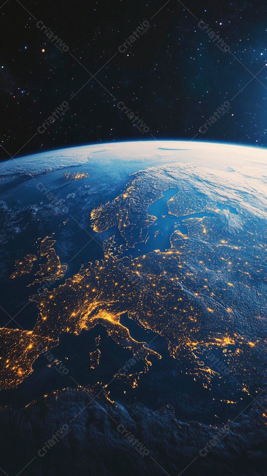 Planeta Terra vista noturna da Europa com luzes urbanas e estrelas no espaço