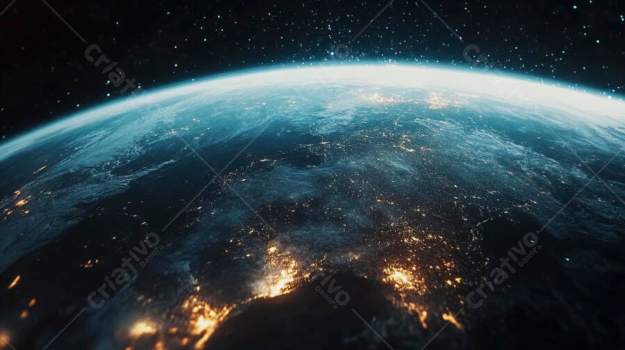 Planeta Terra visto do espaço à noite com luzes urbanas brilhantes