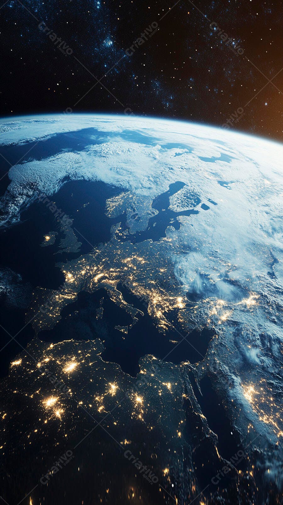 Terra vista do espaço noturno com luzes urbanas da Europa e Ásia