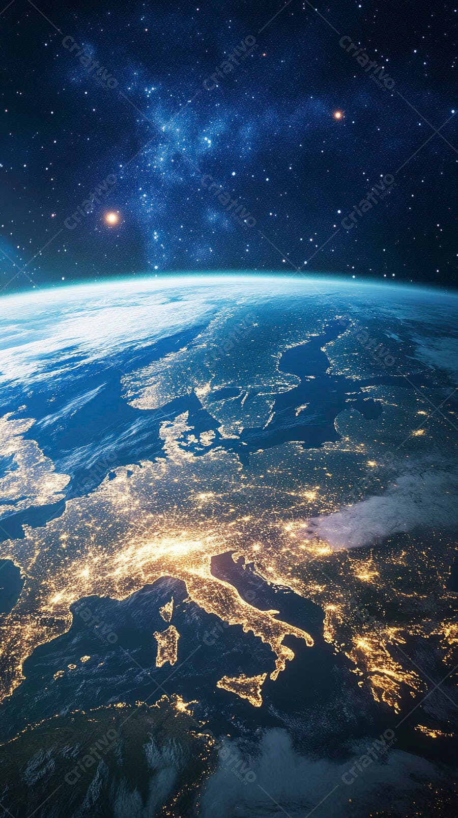Planeta Terra do espaço Europa iluminada à noite com luzes das cidades e Via Láctea