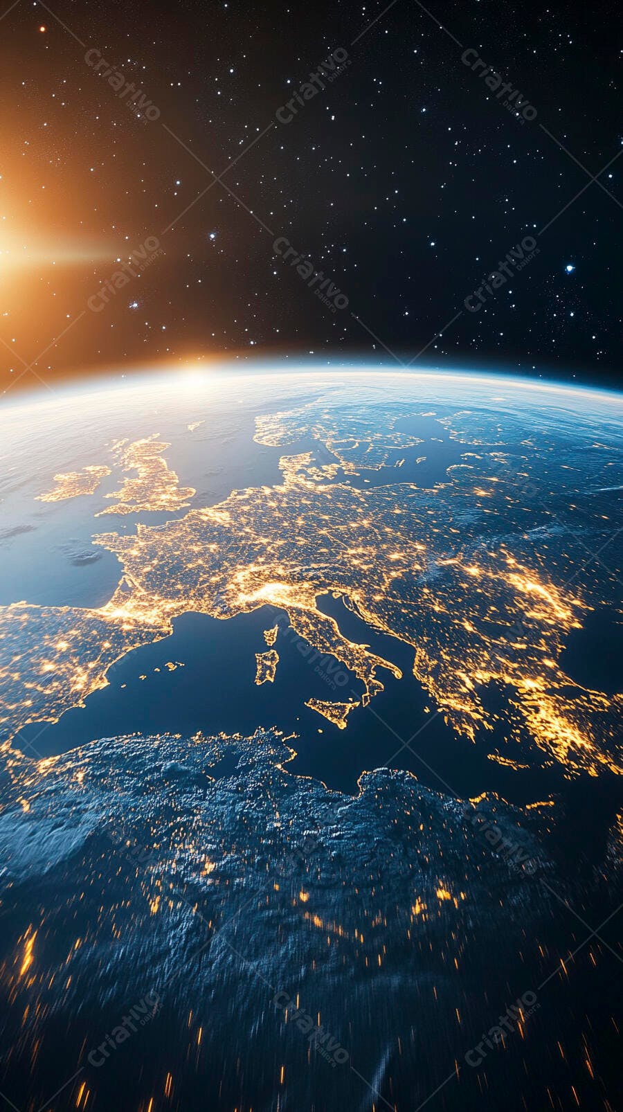 Terra vista do espaço com luzes da cidade na Europa ao amanhecer