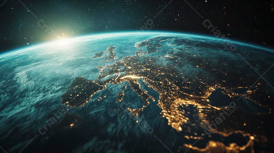 Planeta Terra Europa e África com luzes urbanas e nascer do sol no horizonte