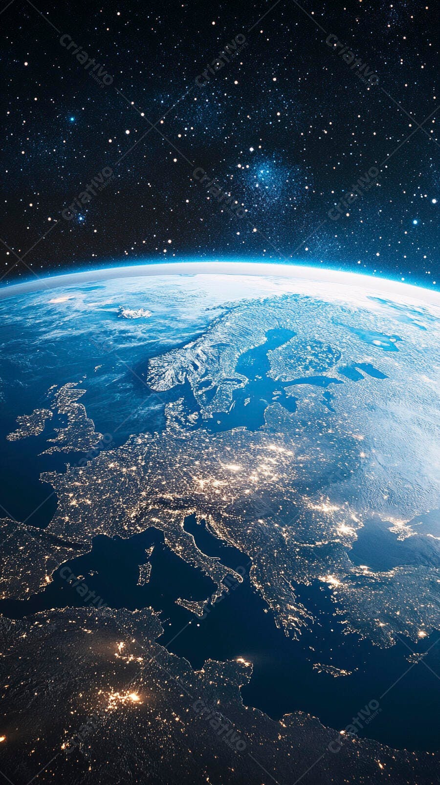 Terra vista do espaço Europa à noite com luzes das cidades