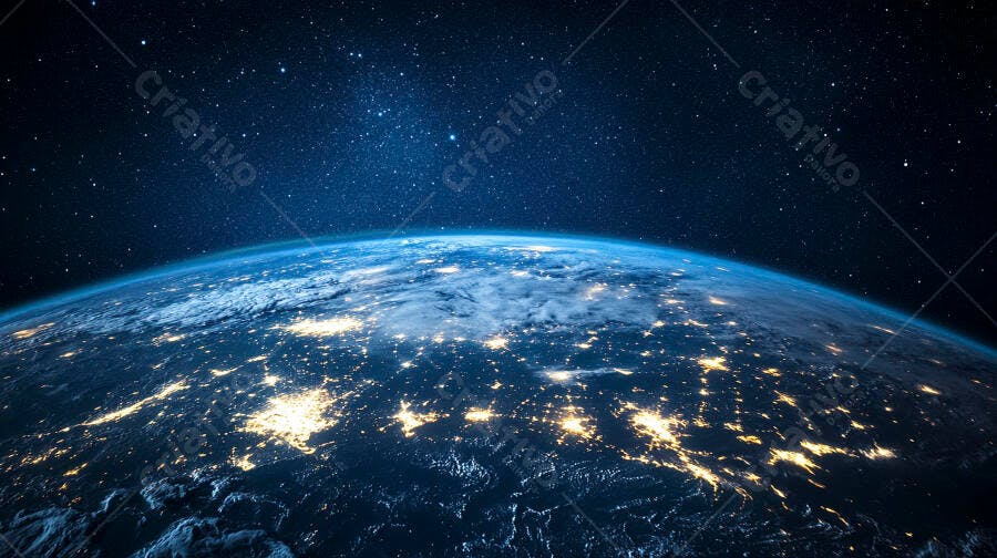Terra vista do espaço com cidades iluminadas à noite e estrelas no céu