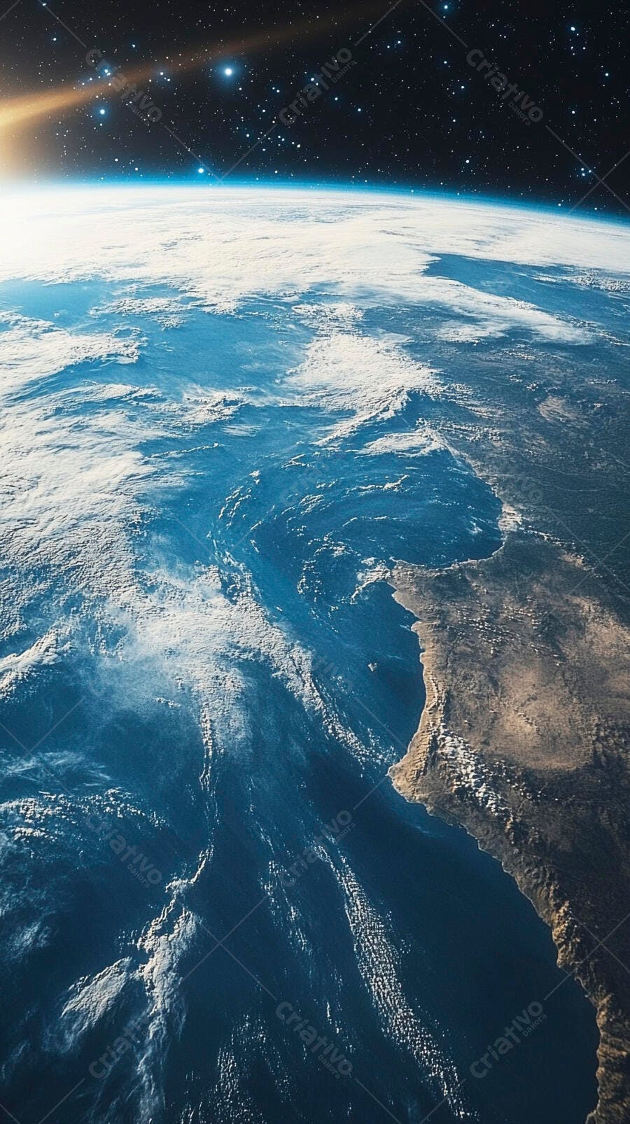 Terra vista do espaço com oceanos azuis nuvens brancas e costa terrestre