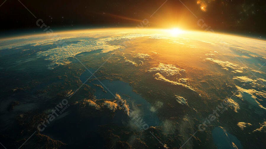 Amanhecer dourado sobre o Planeta Terra vista do espaço sideral