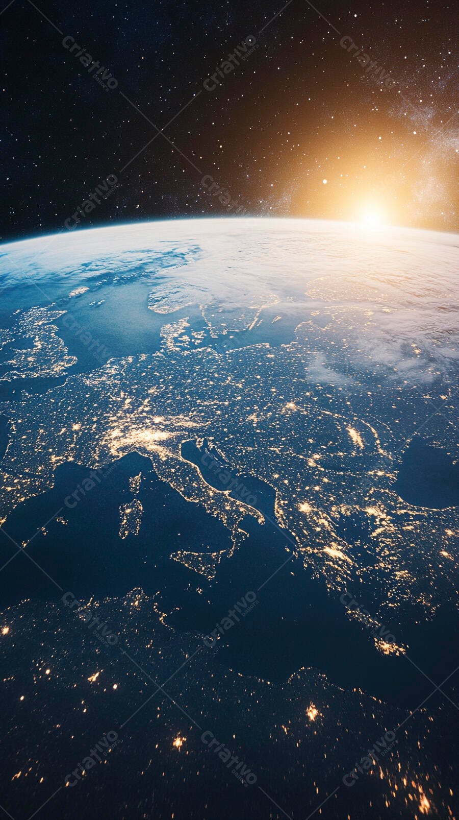 Terra vista do espaço cidades europeias iluminadas ao nascer do sol dourado