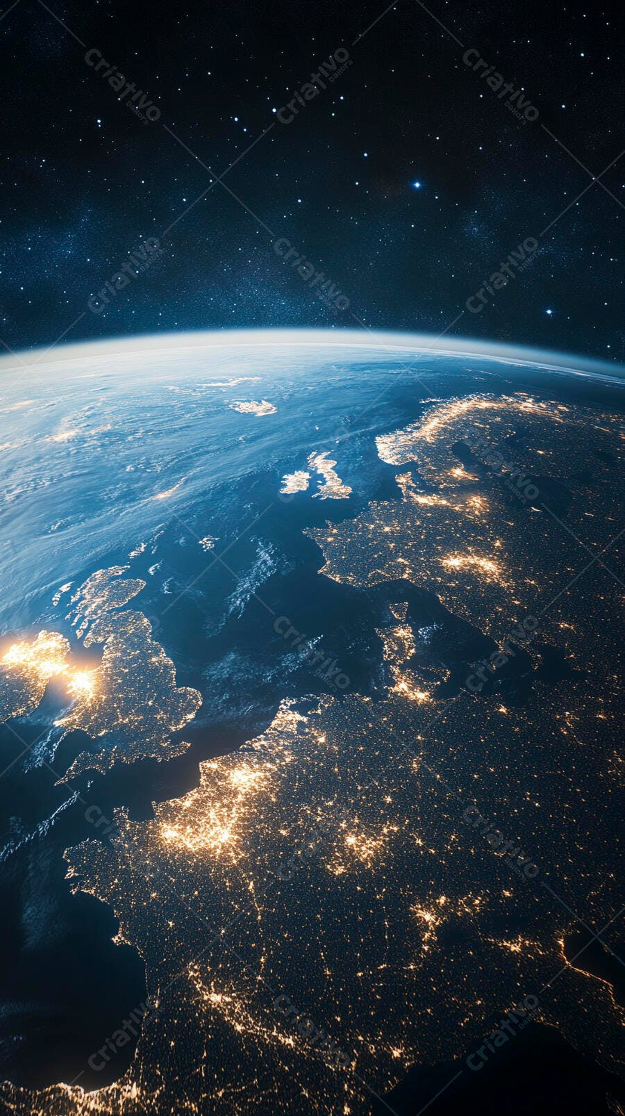 Planeta Terra à noite com luzes douradas das cidades iluminando a Europa