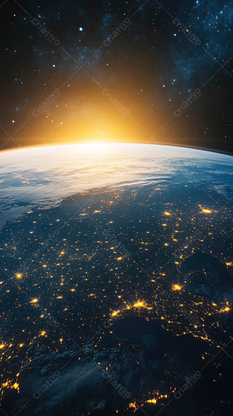 Terra vista do espaço com cidades iluminadas e nascer do sol dourado