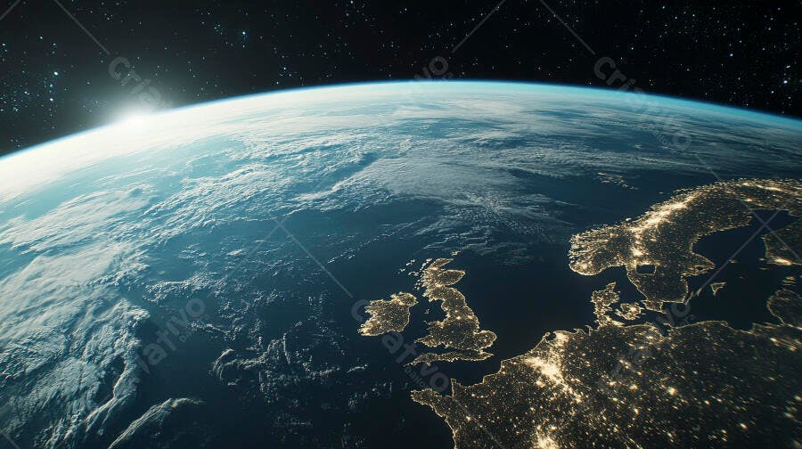 Planeta Terra visto do espaço com Europa iluminada e amanhecer azul global