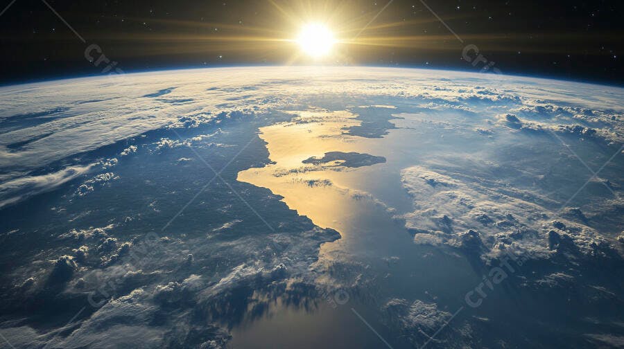 Planeta Terra visto do espaço com sol nascendo horizonte azul