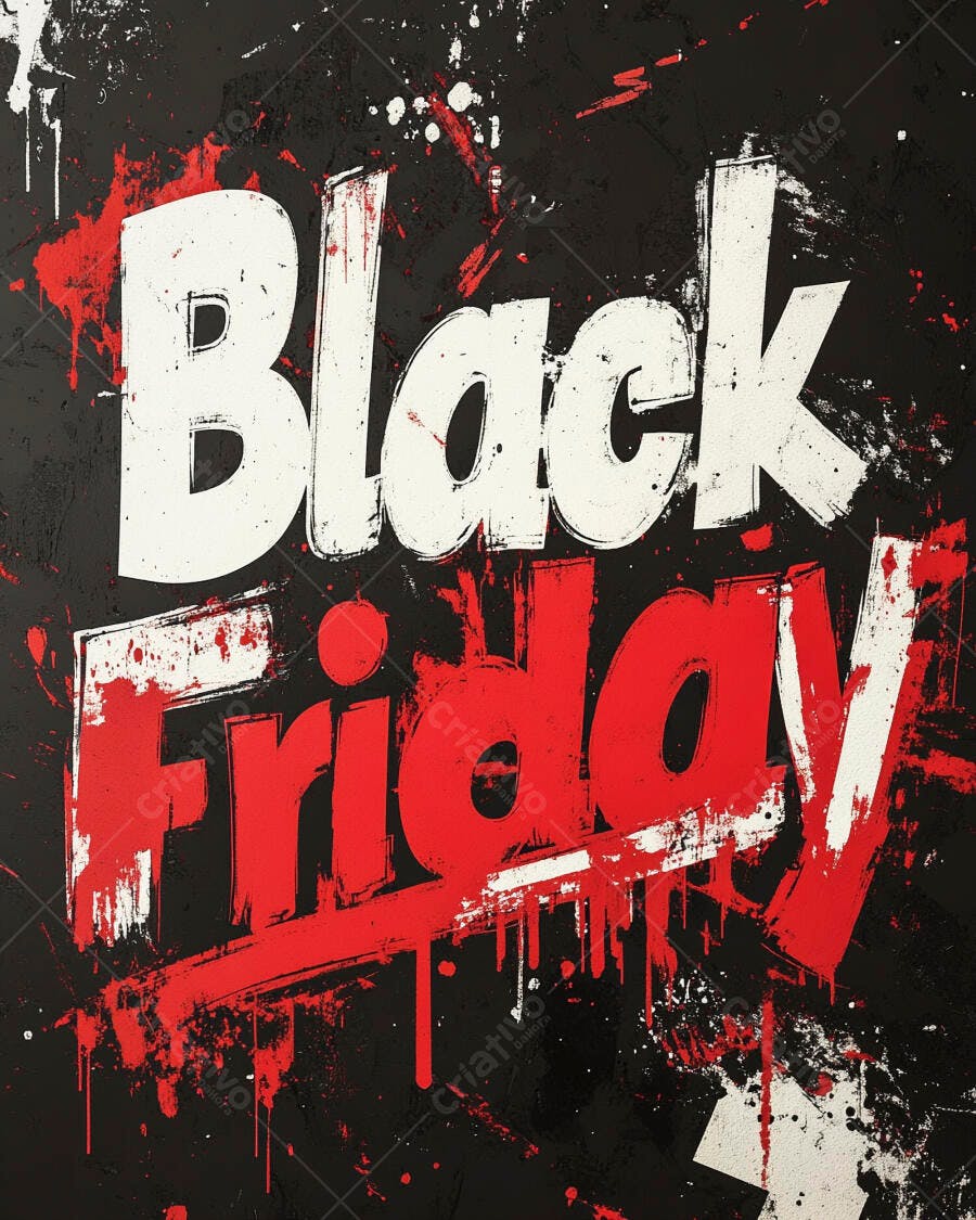 Black Friday texto grunge vibrante com respingos de tinta vermelha e branca em fundo preto