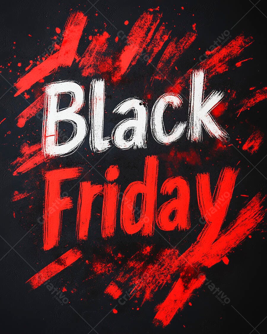 Black Friday texto grunge vermelho branco com pinceladas em fundo preto