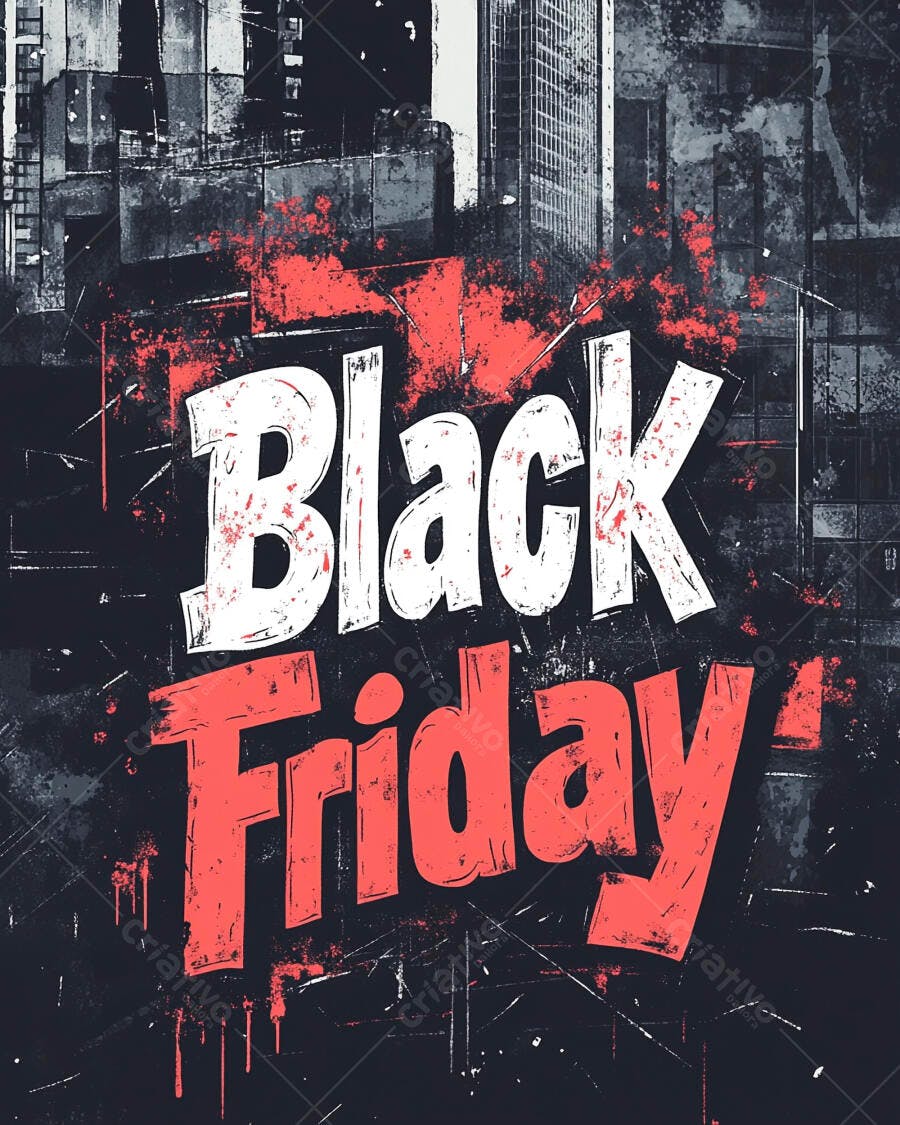 Black Friday promoção urbana com letras grunge em preto branco e vermelho