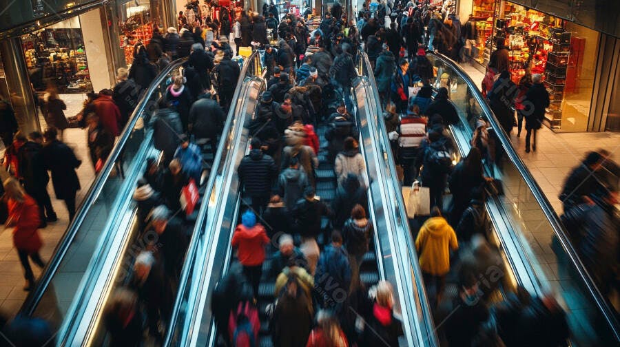 Multidão movimentada em escadas rolantes de shopping center moderno