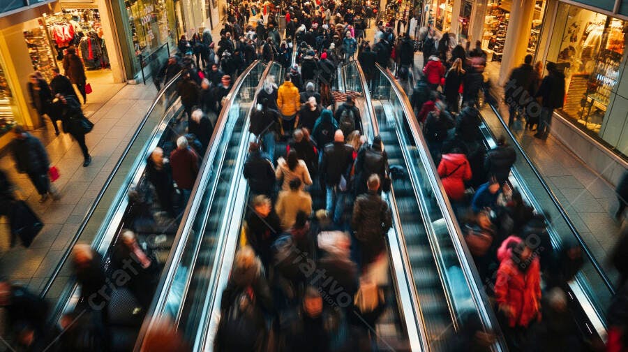 Multidão de pessoas em escadas rolantes de shopping movimentado com movimento