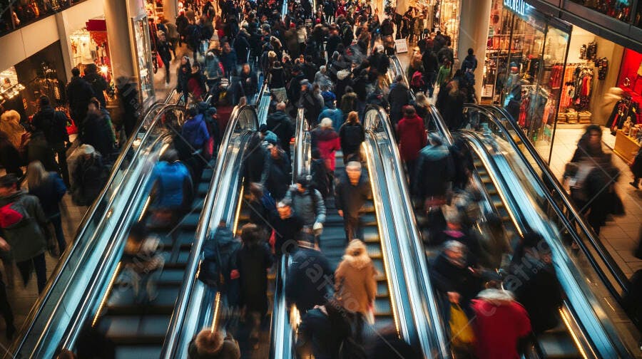 Pessoas movimentadas em escadas rolantes de shopping center moderno