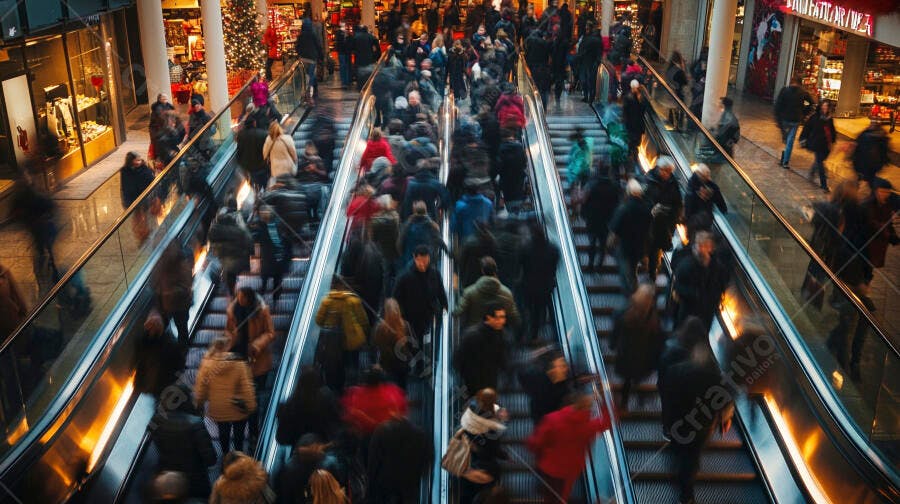 Multidão movimentada subindo escadas rolantes em shopping center na época natalina