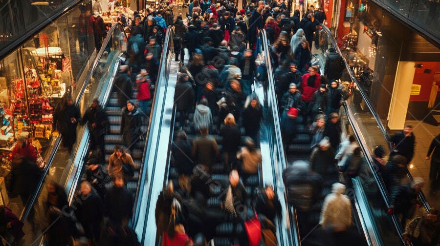 Multidão de pessoas em movimento nas escadas rolantes de um shopping urbano
