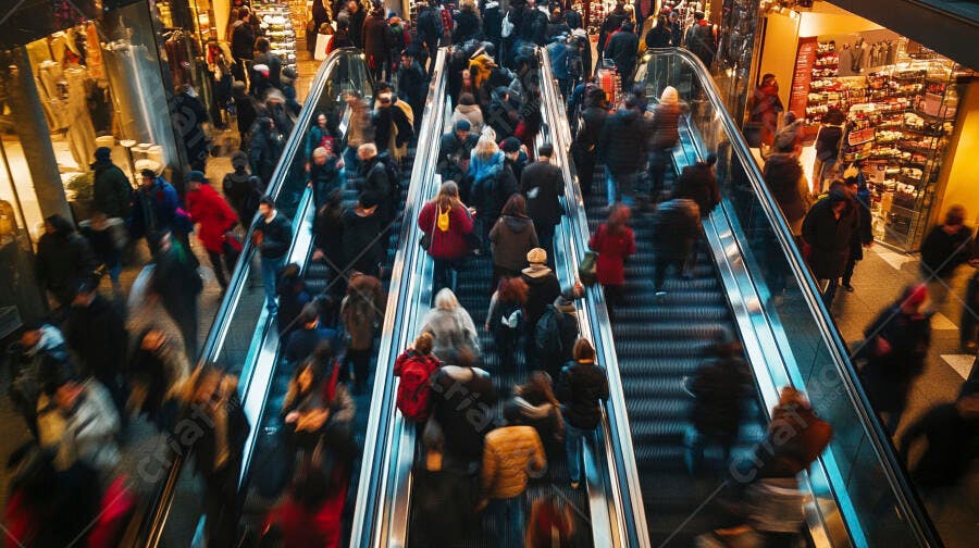 Multidão em escadas rolantes de shopping center com luzes vibrantes e movimento