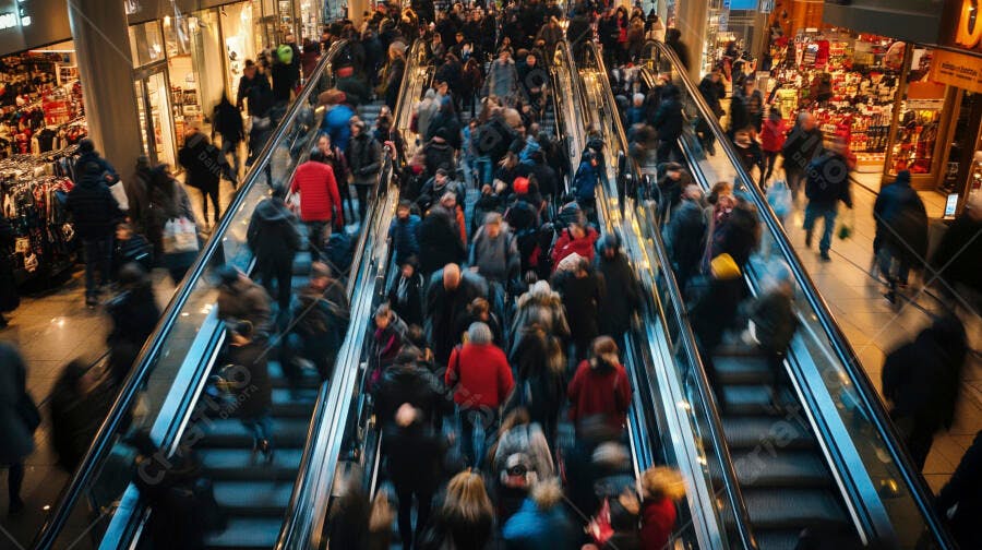 Multidão em escadas rolantes de shopping center com movimento e roupas de inverno