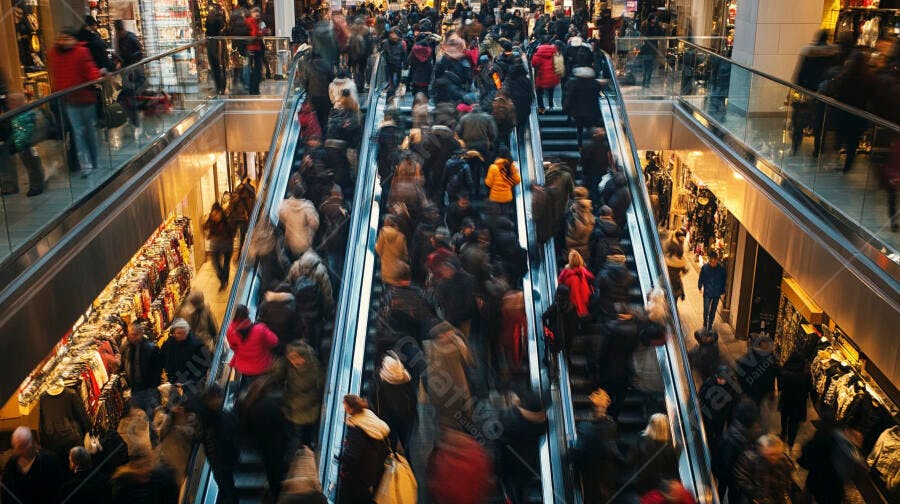 Multidão de pessoas diversas em movimento nas escadas rolantes de shopping