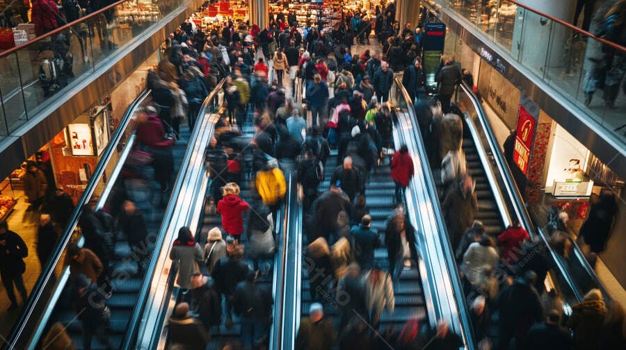 Pessoas em movimento nas escadas rolantes de shopping center lotado