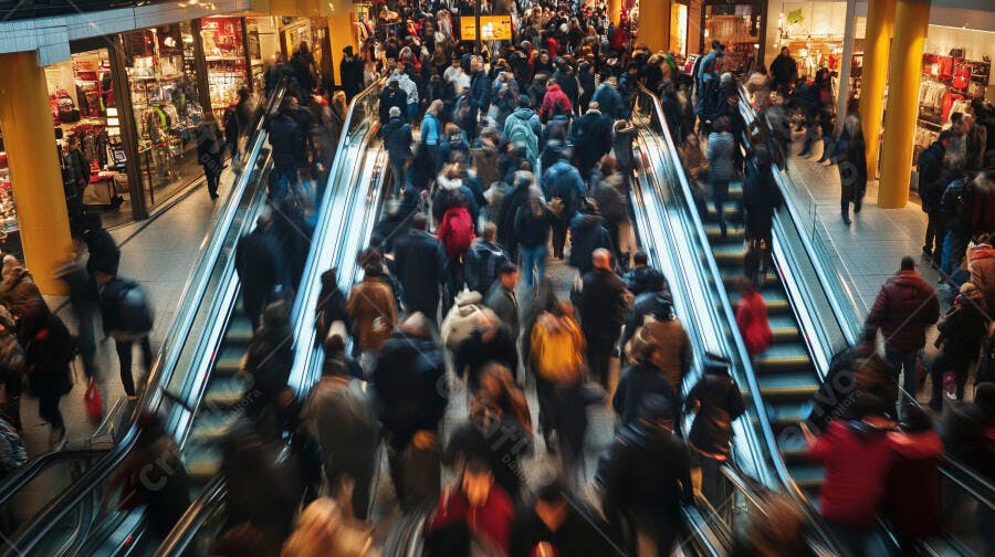 Pessoas movimentadas em escadas rolantes de shopping center lotado