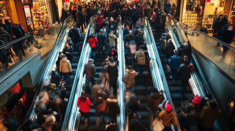 Multidão movimentada de pessoas em escadas rolantes de shopping center lotado