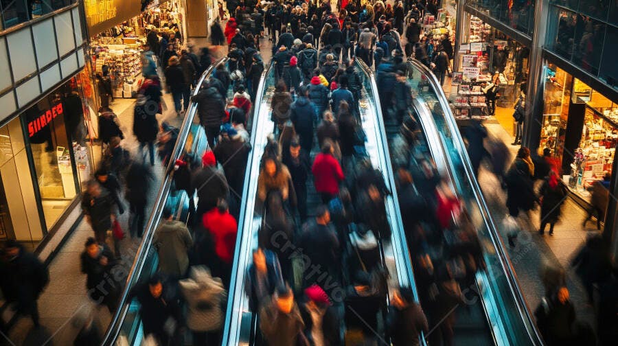 Pessoas diversas com casacos escuros e toques de vermelho em escadas rolantes de shopping center