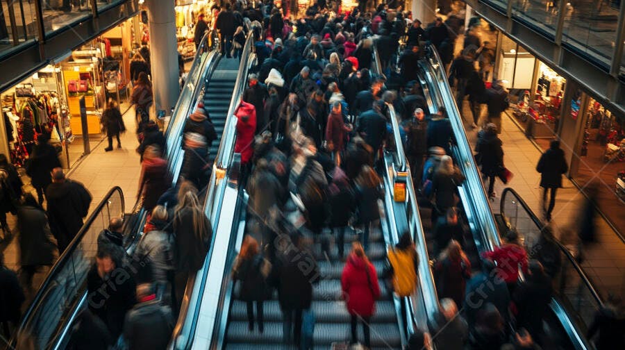 Multidão de pessoas em escadas rolantes de shopping movimentado com borrão de movimento