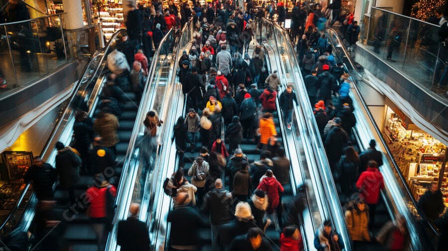 Pessoas em escadas rolantes shopping center lotado com casacos coloridos em movimento