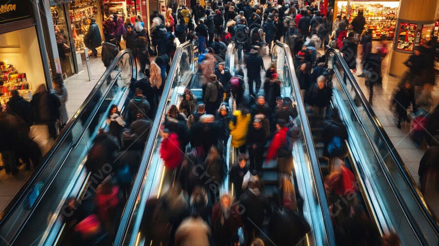 Multidão em movimento nas escadas rolantes de shopping center moderno
