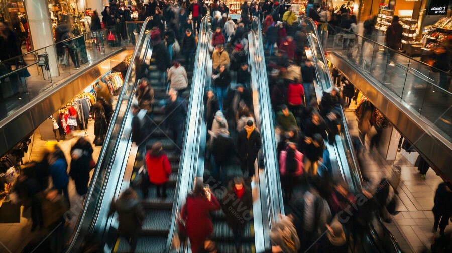 Compradores diversos em escadas rolantes de shopping com casacos escuros e luzes