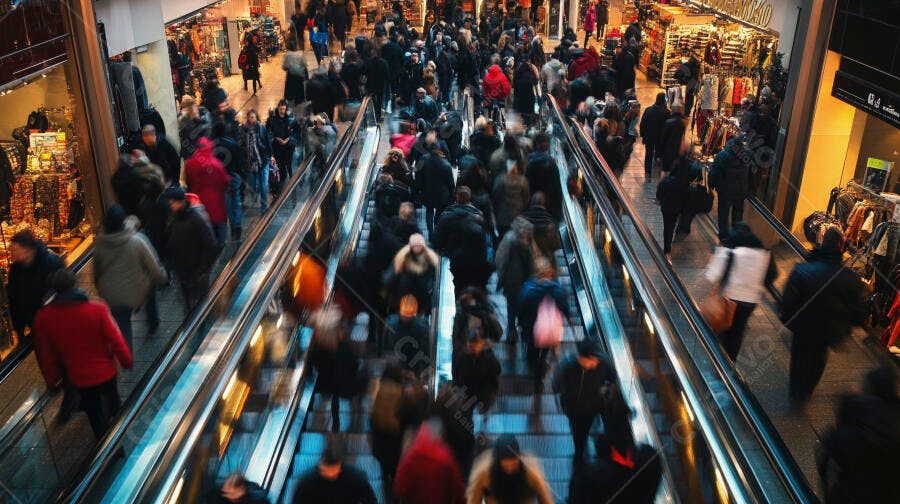 Pessoas diversas em movimento rápido nas escadas rolantes de um shopping movimentado