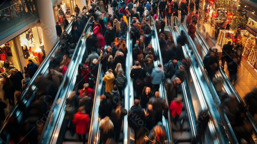 Multidão de pessoas subindo e descendo escadas rolantes em shopping movimentado Natal